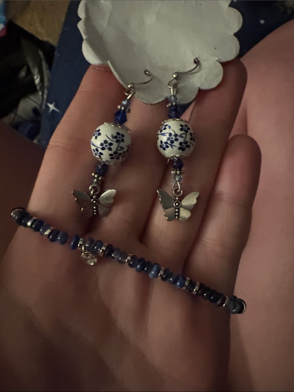 Blue Porcelain Bead Drop Earrings with Silver Butterfly with mayching bracelet